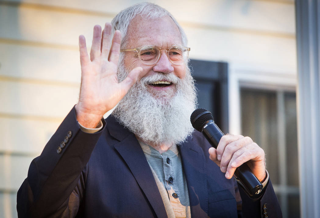 FILE - In this Thursday, Sept. 27, 2018 file photo, former Late Night talk show host David Letterman waves during a political rally in Muncie, Ind. A man once accused of plotting to kidnap Letterm ...