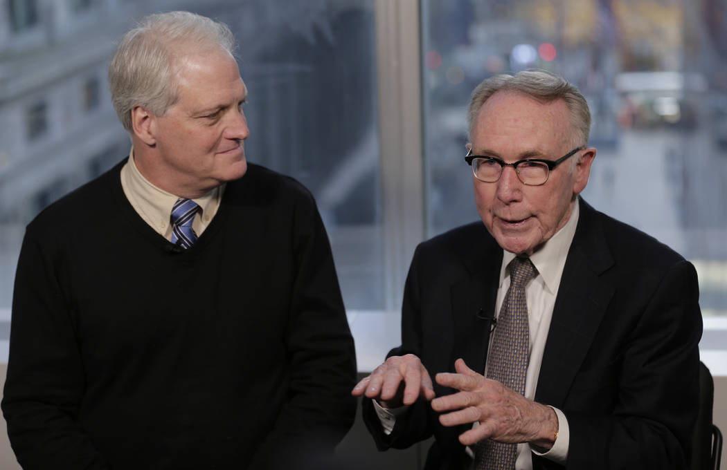 In this Dec. 19, 2018 photo, Craig Antico, left, and Jerry Ashton, co-founders of RIP Medical Debt, talks to reporters in New York. The co-founders of RIP Medical Debt buy millions of dollars in p ...