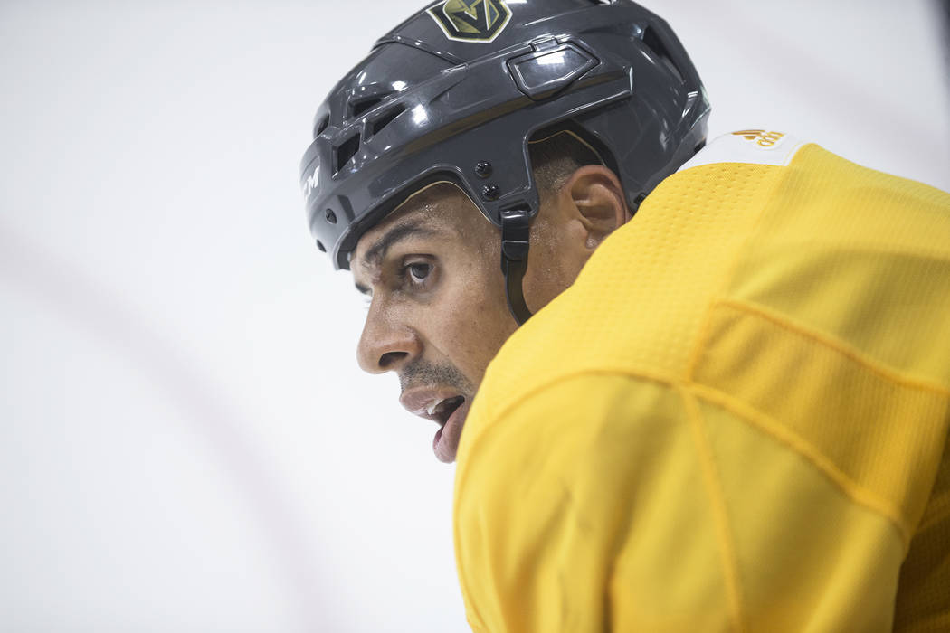 Golden Knights Ryan Reaves takes a breather during practice on Wednesday, Oct. 3, 2018, at City National Arena, in Las Vegas. Benjamin Hager Las Vegas Review-Journal @benjaminhphoto