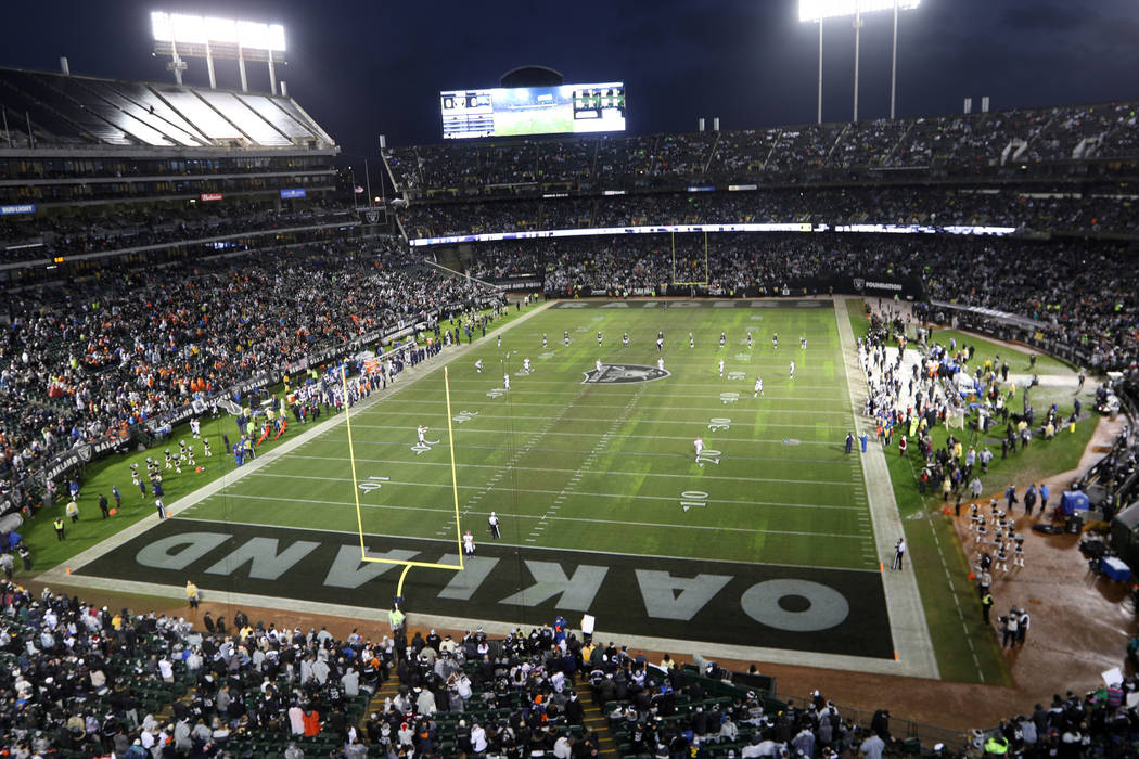 An overview of the Oakland-Alameda County Coliseum before the start of an NFL game between the Oakland Raiders the Denver Broncos in Oakland, Calif., Monday, Dec. 24, 2018. Heidi Fang Las Vegas Re ...