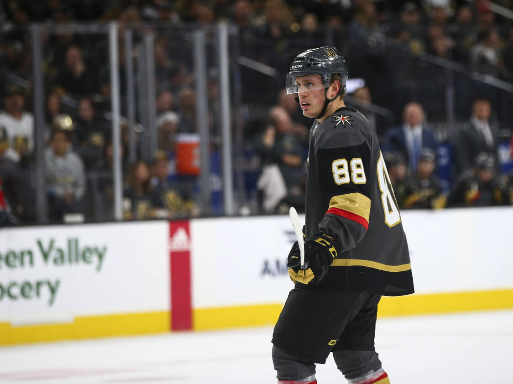 Golden Knights defenseman Nate Schmidt (88) looks on during the first period of an NHL hockey game against the Washington Capitals at T-Mobile Arena in Las Vegas on Tuesday, Dec. 4, 2018. Chase St ...