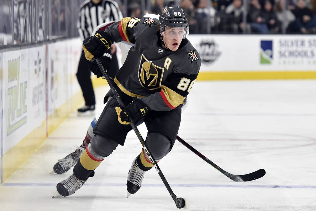 Vegas Golden Knights defenseman Nate Schmidt skates with the puck against the Colorado Avalanche during the third period of an NHL hockey game Thursday, Dec. 27, 2018, in Las Vegas. (AP Photo/Davi ...