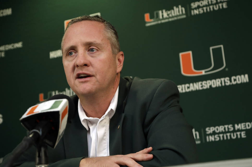 Miami athletic director Blake James speaks during a news conference after head football coach Mark Richt announced his retirement, Sunday, Dec. 30, 2018, in Coral Gables, Fla. (AP Photo/Lynne Sladky)