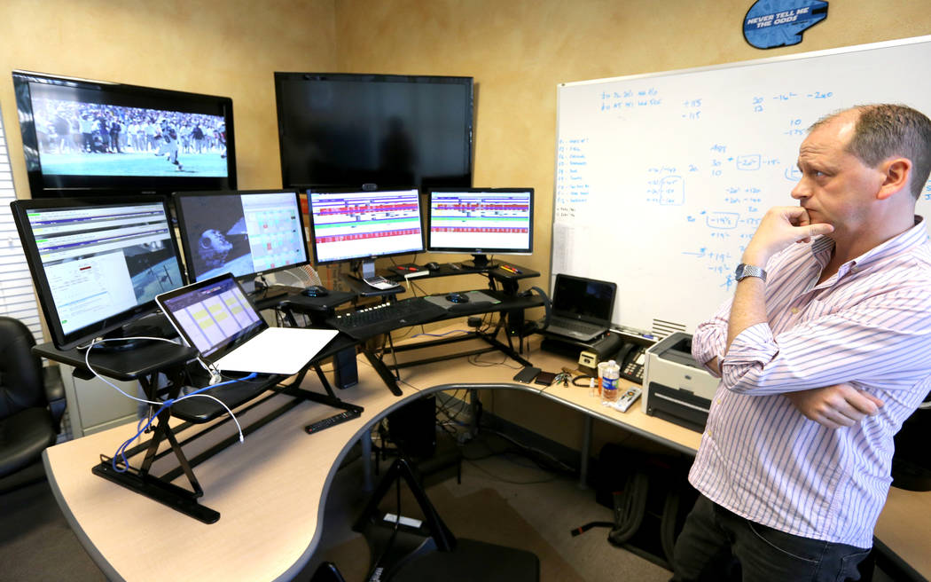 Craig Mucklow, trading director at Don Best Sports in Las Vegas, prepares to do in-game trading for the Los Angeles-Minnesota NFL game Thursday, Sept. 27, 2018. K.M. Cannon Las Vegas Review-Journa ...
