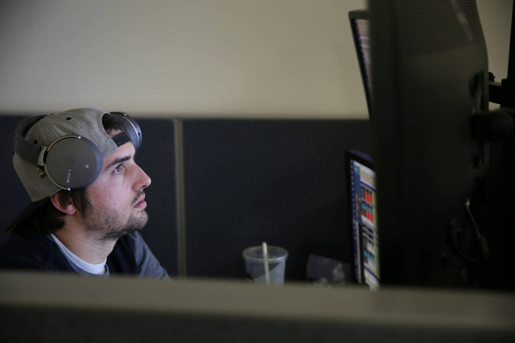 Don Best Sports analyst David Lieberman does in-game trading in his Las Vegas office Thursday, Sept. 27, 2018. K.M. Cannon Las Vegas Review-Journal @KMCannonPhoto