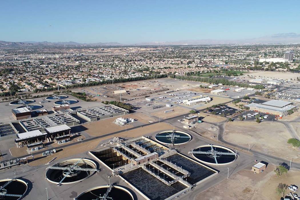 A drone photo from 2018 shows the Flamingo Water Resource Center, the largest sewage treatment plant in Nevada. The Clark County Water Reclamation District officials are seeking a sewer rate hike, ...