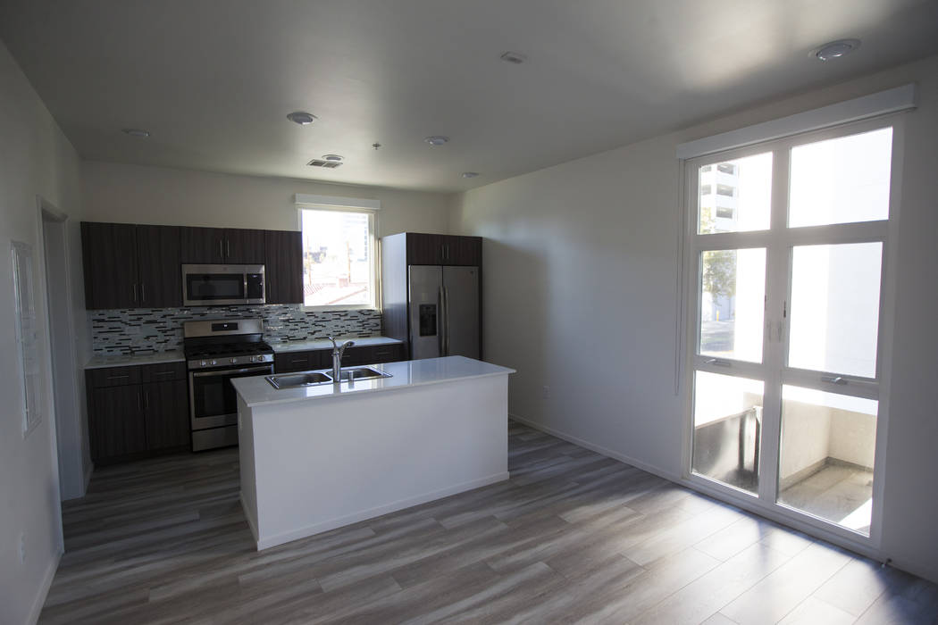 An interior view of a residential unit at The Lucy, a multipurpose creative residency created by Beverly Rogers that will also be the home to the Writers Block bookstore, in downtown Las Vegas on ...