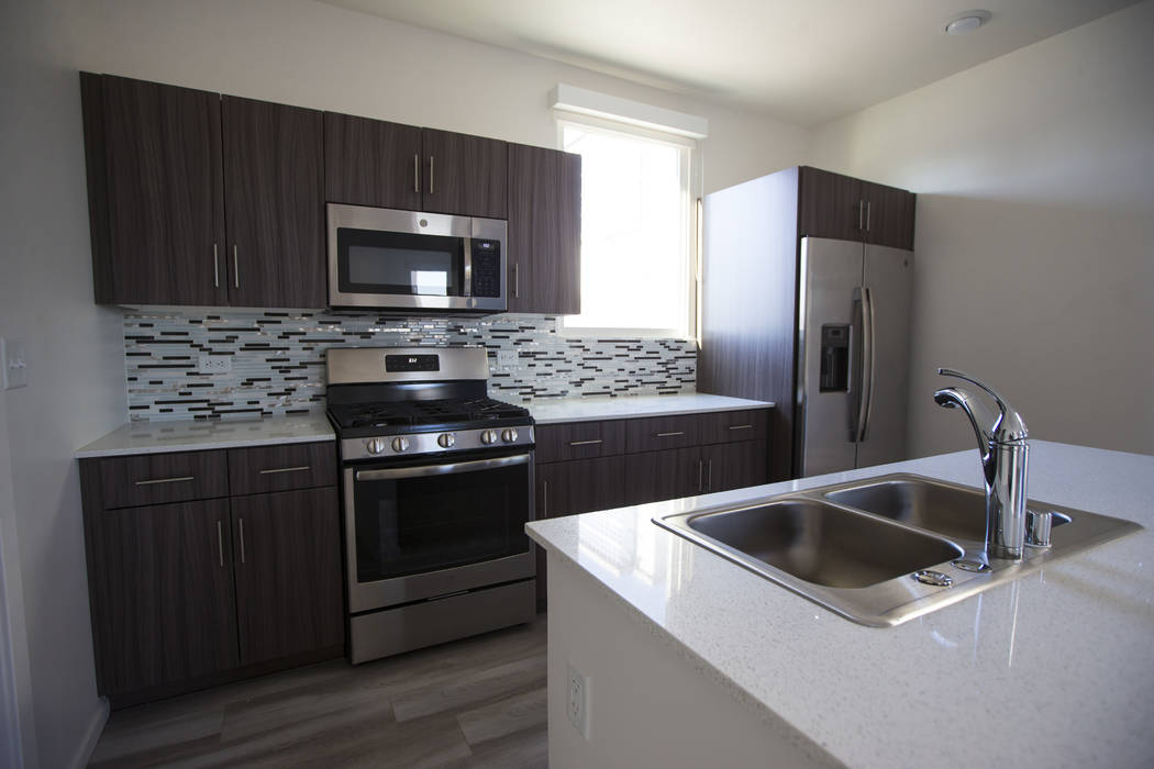 The kitchen area in a residential unit at The Lucy, a multipurpose creative residency created by Beverly Rogers that will also be the home to the Writers Block bookstore, in downtown Las Vegas on ...