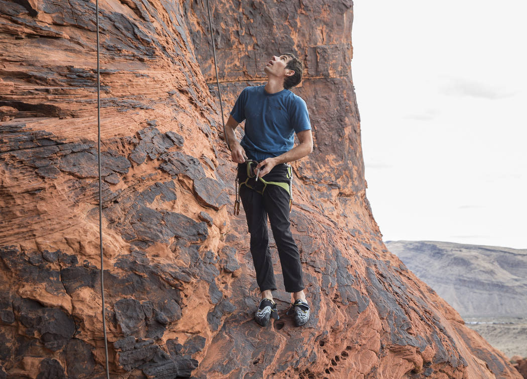 Alex Honnold prepares to climb at The Gallery at Red Rock Canyon on Monday, Dec. 17, 2018, in Las Vegas. Honnold, arguably the best rock climber in the world, solo climbed El Capitan, a 3,000-foot ...
