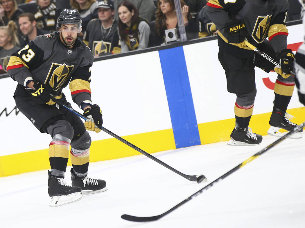 Vegas Golden Knights center Brandon Pirri (73) looks to pass the puck during the first period of an NHL hockey game against the Los Angeles Kings at T-Mobile Arena in Las Vegas on Tuesday, Jan. 1, ...