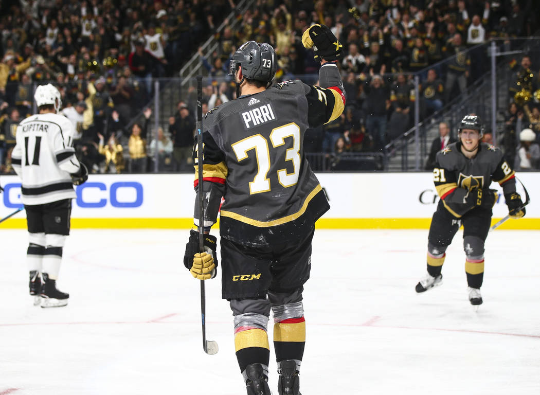 Vegas Golden Knights center Brandon Pirri (73) celebrates his goal against the Los Angeles Kings during the third period of an NHL hockey game at T-Mobile Arena in Las Vegas on Tuesday, Jan. 1, 20 ...