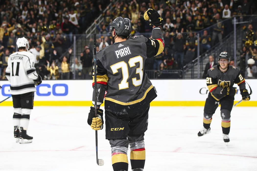Vegas Golden Knights center Brandon Pirri (73) celebrates his goal against the Los Angeles Kings during the third period of an NHL hockey game at T-Mobile Arena in Las Vegas on Tuesday, Jan. 1, 20 ...
