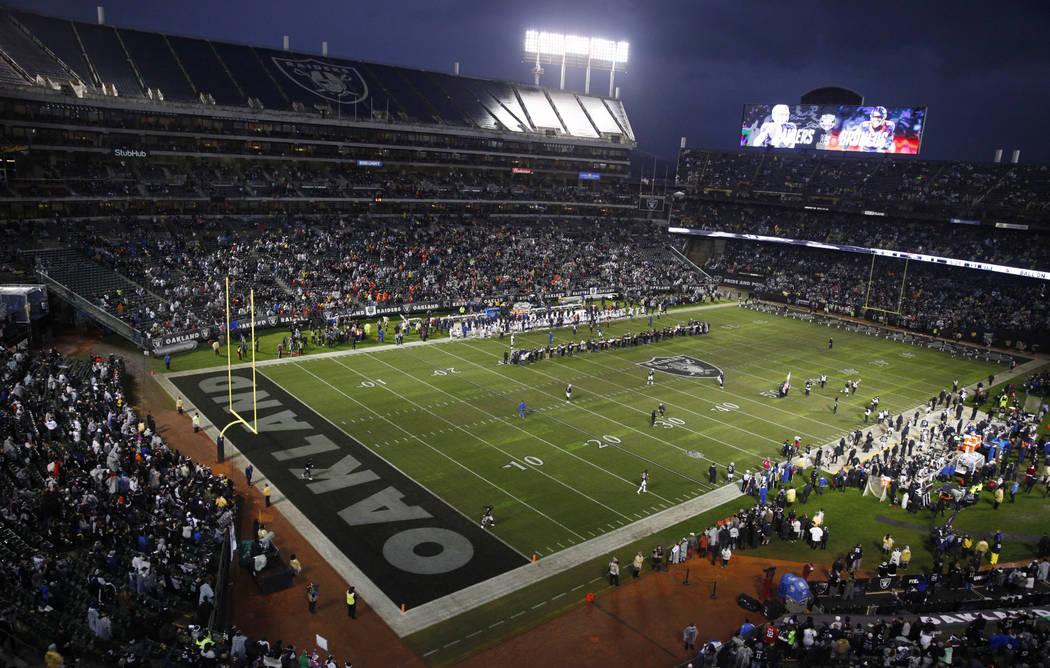 An overview of the Oakland-Alameda County Coliseum before the start of an NFL game between the Oakland Raiders the Denver Broncos in Oakland, Calif., Monday, Dec. 24, 2018. Heidi Fang Las Vegas Re ...