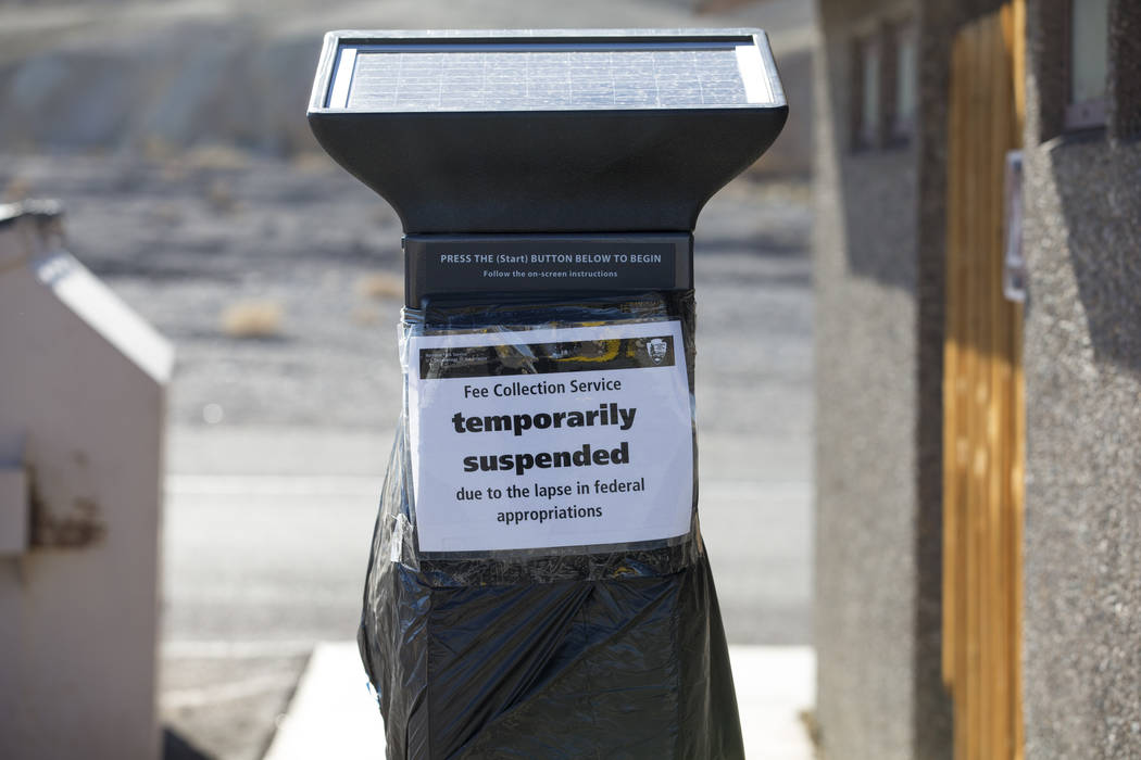 A temporarily suspended pay station affected by the partial government shutdown is seen at Zabriskie Point at Death Valley National Park in Calif., on Friday, Jan. 4, 2019. Richard Brian Las Vegas ...