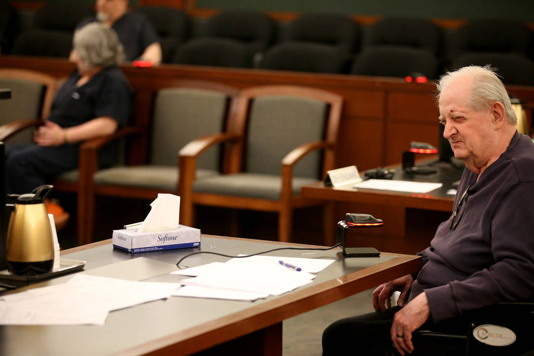 Former Nevada guardian April Parks talks hides her face as Herman Mesloh a victim statement during Parks' sentencing at the Regional Justice Center in Las Vegas Friday, Jan. 4, 2019. K.M. Cannon L ...