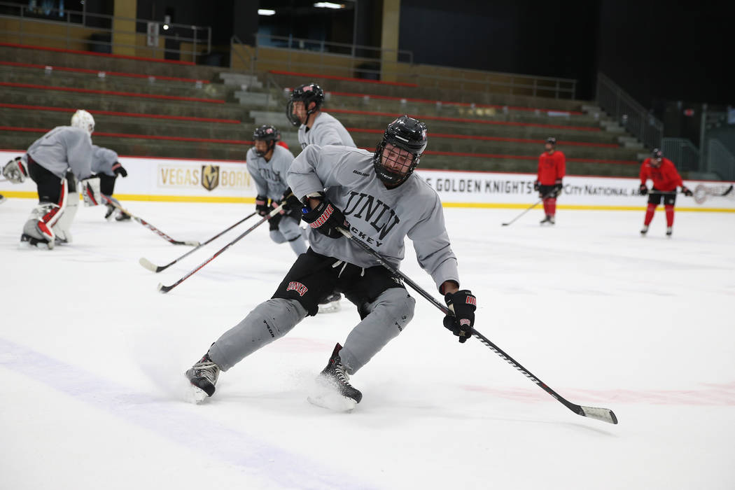 Sean Plonski runs a drill during an UNLV hockey team practice at City National Arena in Las Vegas, Friday, Jan. 4, 2019. Erik Verduzco Las Vegas Review-Journal @Erik_Verduzco