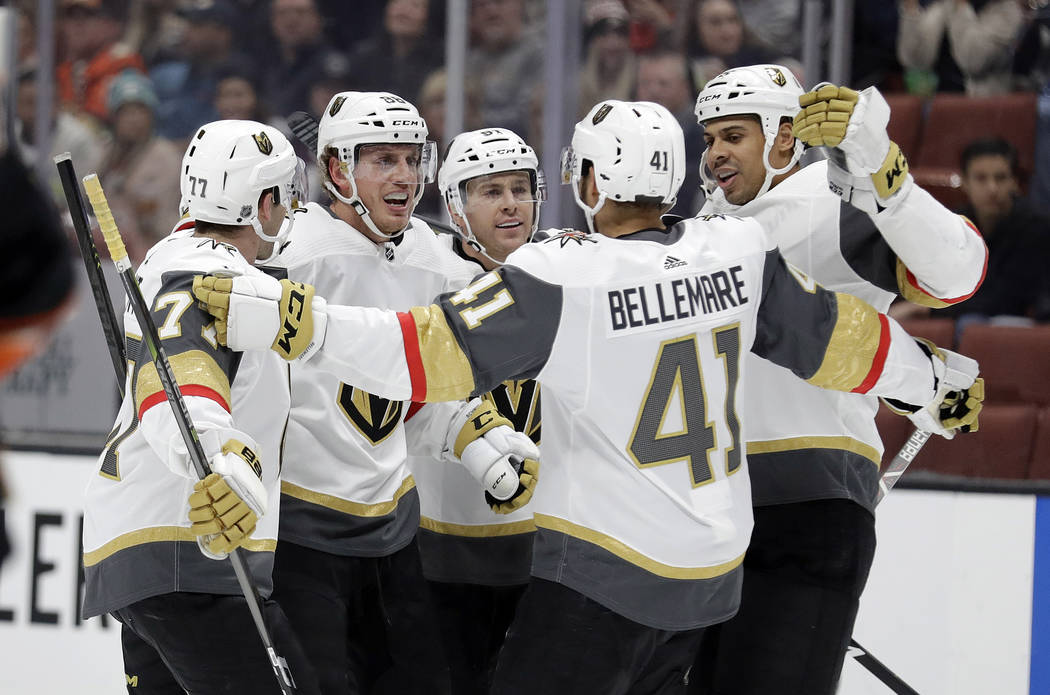 Vegas Golden Knights' Nate Schmidt, second from left, celebrates his goal with teammates during the first period of an NHL hockey game against the Anaheim Ducks on Friday, Jan. 4, 2019, in Anaheim ...