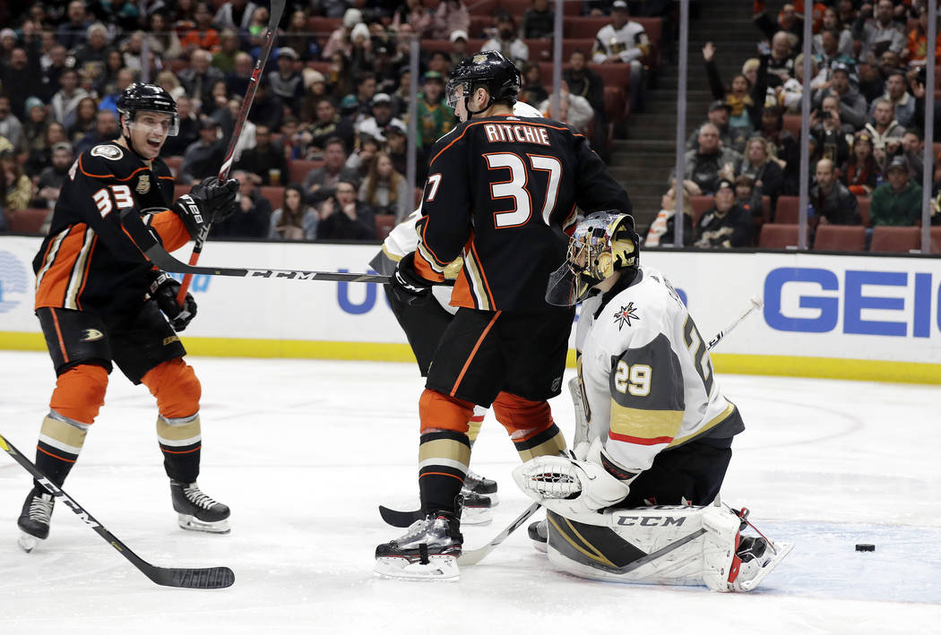 Vegas Golden Knights goaltender Marc-Andre Fleury, right, gives up a goal on a shot from Anaheim Ducks' Daniel Sprong, not seen, during the second period of an NHL hockey game Friday, Jan. 4, 2019 ...