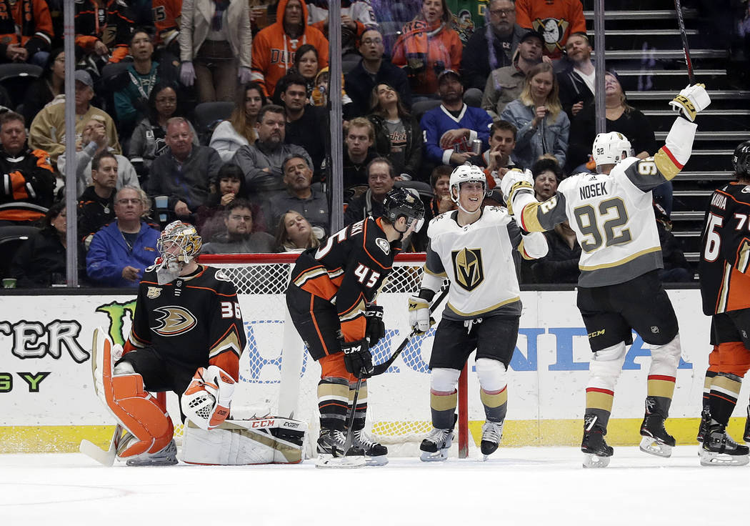 Vegas Golden Knights' Tomas Nosek (92) celebrates after scoring against the Anaheim Ducks during the second period of an NHL hockey game Friday, Jan. 4, 2019, in Anaheim, Calif. (AP Photo/Marcio J ...