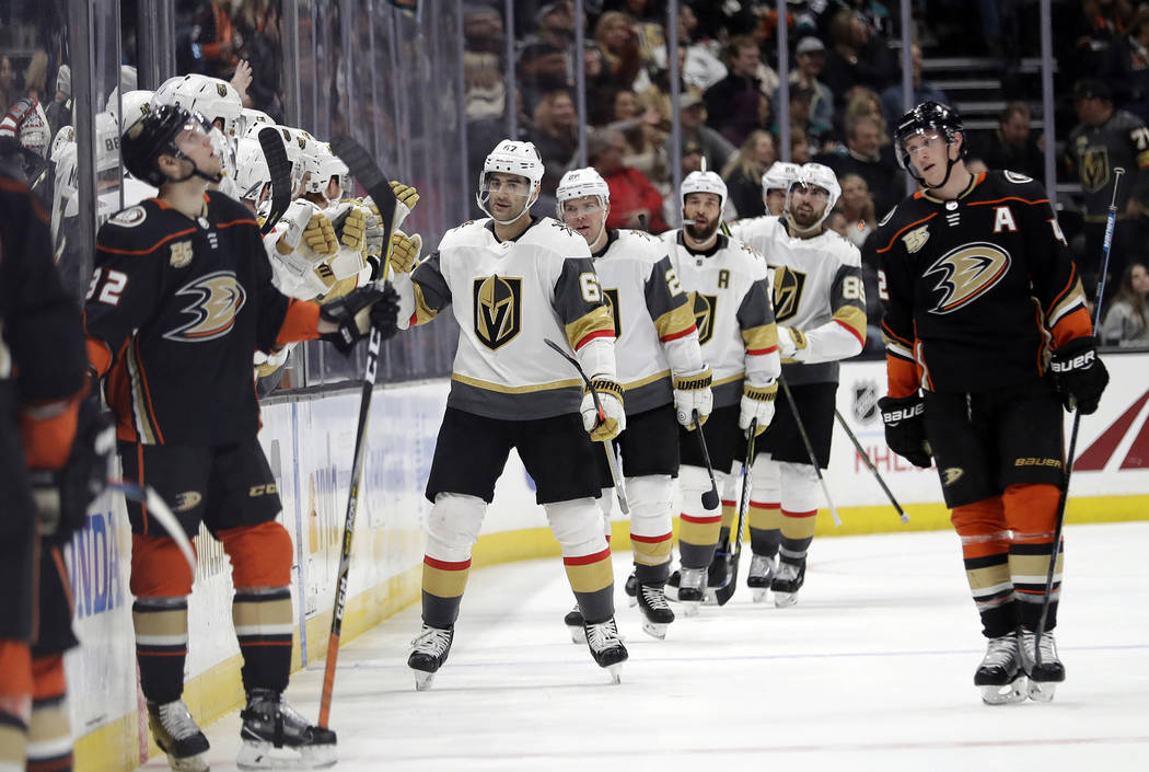 Vegas Golden Knights' Max Pacioretty (67) celebrates his goal with teammates on the bench during the second period of an NHL hockey game against the Anaheim Ducks on Friday, Jan. 4, 2019, in Anahe ...