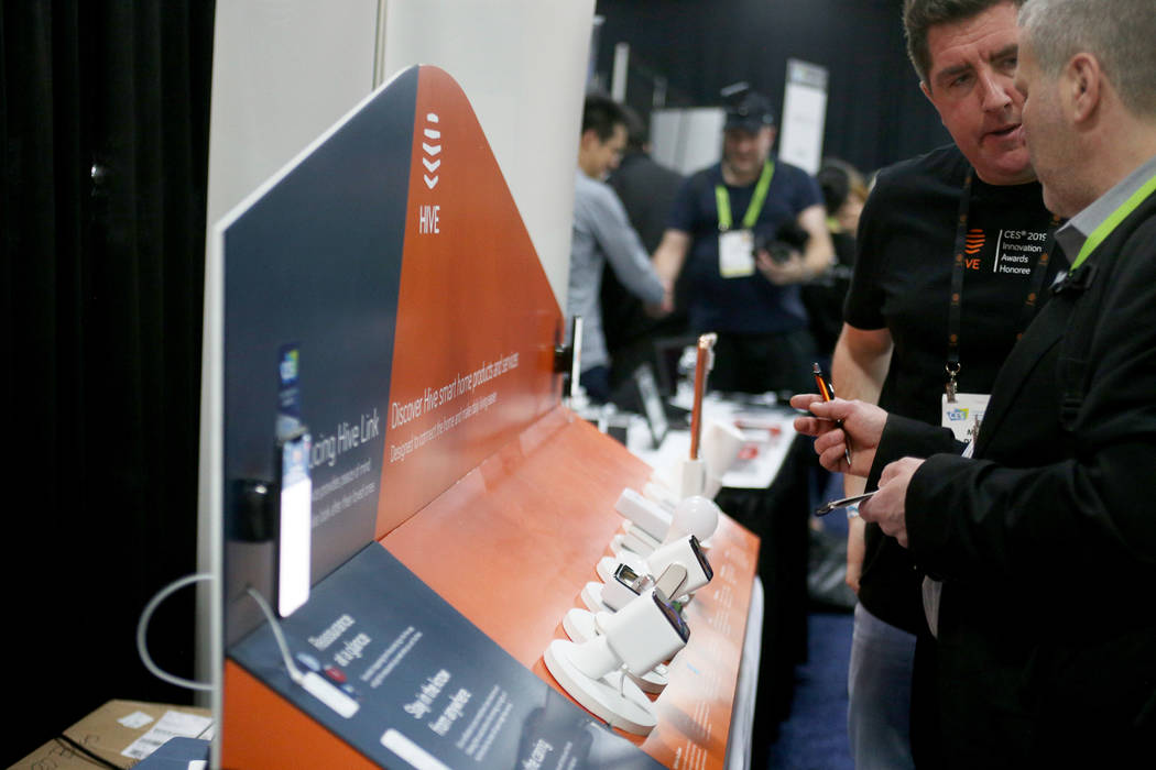 Different devices that are a part of the Hive product line at the CES Unveiled event for media prefacing the tech mega-conference at Mandalay Bay in Las Vegas, Sunday, Jan. 6, 2019. Different devi ...