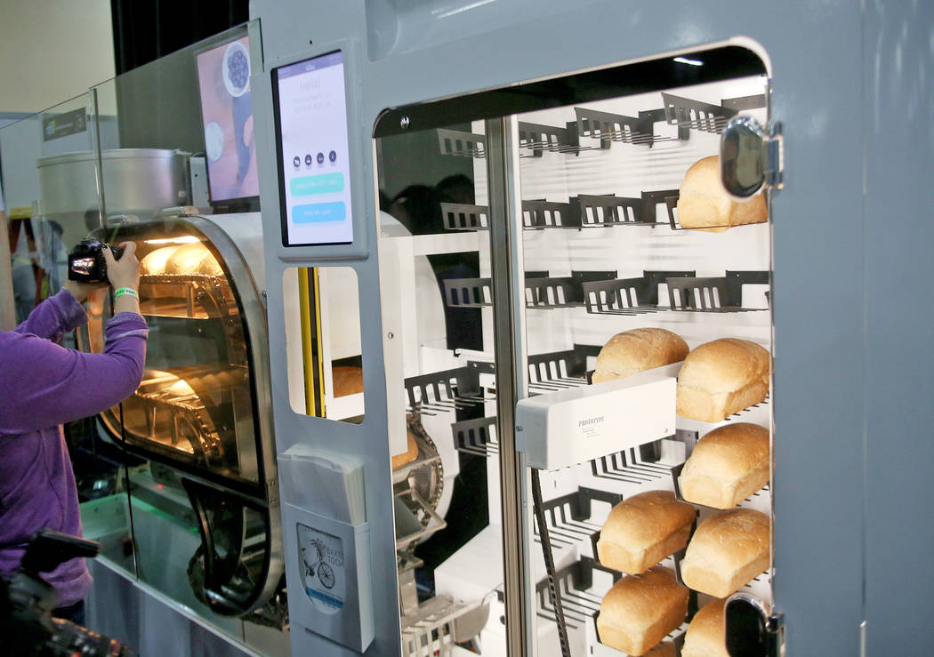 A fully automated bread machine called the Bread Bot, that creates bread from dough to baked loaf, on display at the CES Unveiled event for media prefacing the tech mega-conference at Mandalay Bay ...