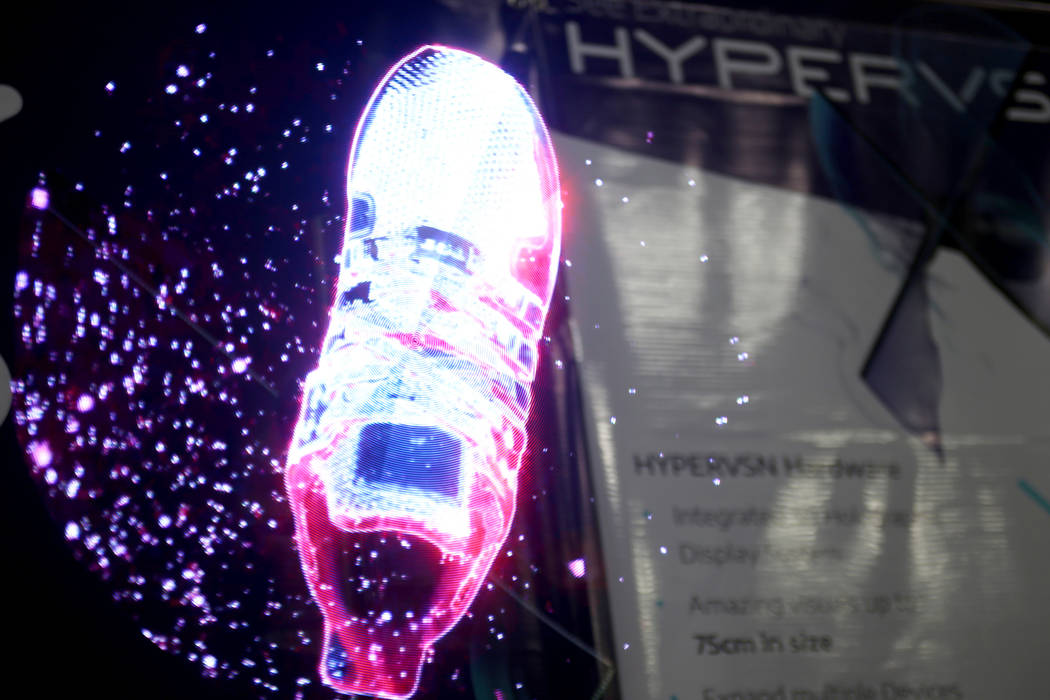 A 3D holographic display by HYPERVSN at the CES Unveiled event for media prefacing the tech mega-conference at Mandalay Bay in Las Vegas, Sunday, Jan. 6, 2019. The devices can create holographic d ...