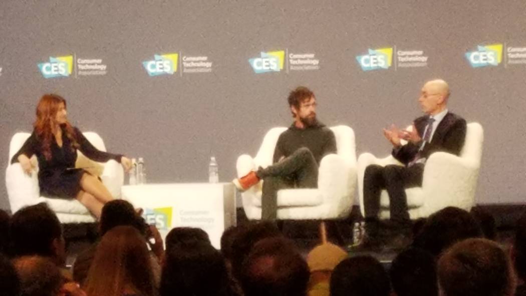 Twitter CEO Jack Dorsey, center, and National Basketball Association Commissioner Adam Silver were interviewed at the CES Sports Zone Stage by ESPN anchor Rachel Nichols Wednesday, Jan. 9, 2019, a ...