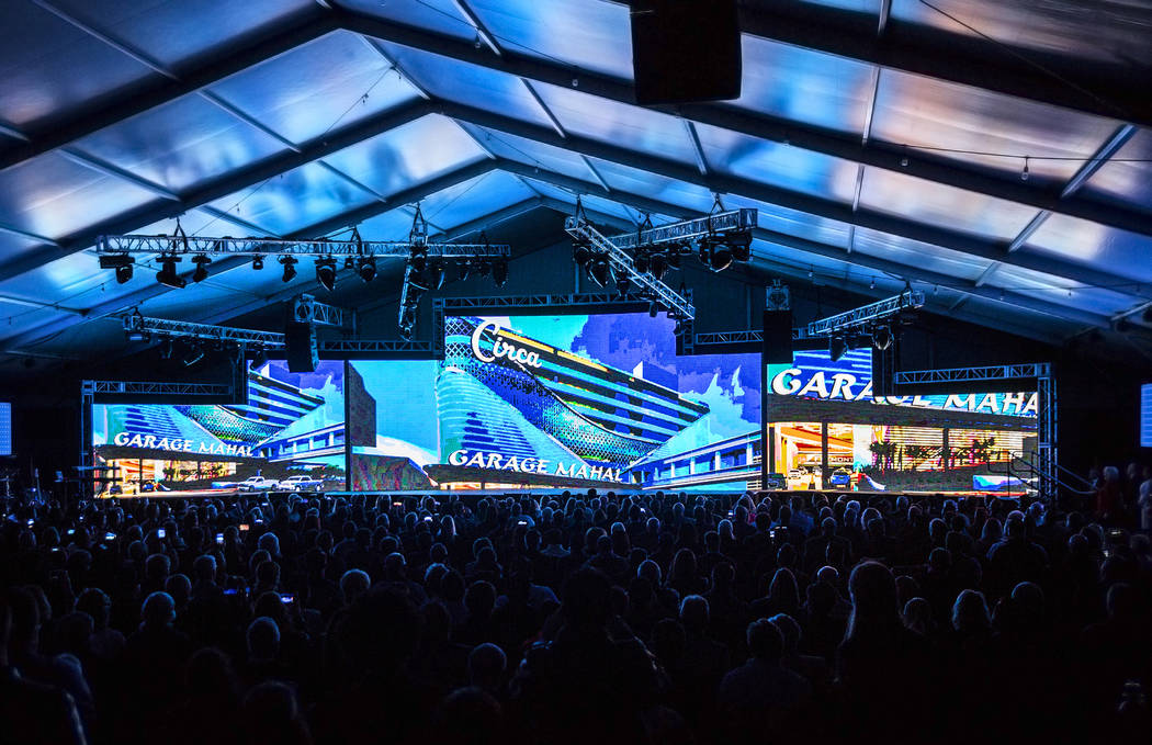 A video highlighting developer Derek Stevens new project Circa Resort & Casino plays for a large audience at the Downtown Las Vegas Events Center on Thursday, Jan. 10, 2019, in Las Vegas. Derek S ...
