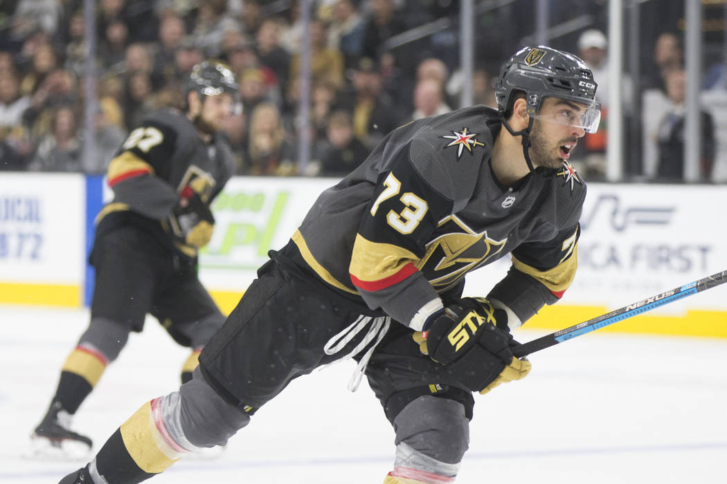 Golden Knights center Brandon Pirri (73) skates up ice in the third period during Vegas' home matchup with the Colorado Avalanche on Thursday, Dec. 27, 2018, at T-Mobile Arena, in Las Vegas. Benja ...