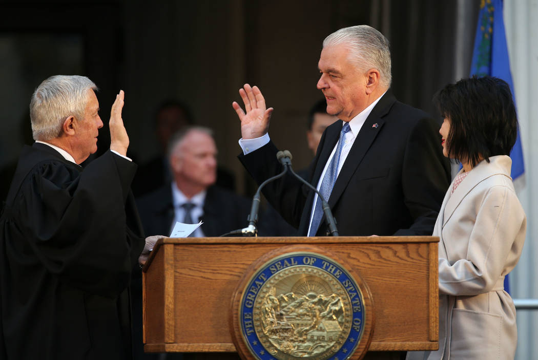 Hundreds gather to see Nevada Gov. Steve Sisolak take the oath of office in a ceremony at the Capitol, in Carson City, Nev., on Monday, Jan. 7, 2019. (Cathleen Allison/Las Vegas Review-Journal)
