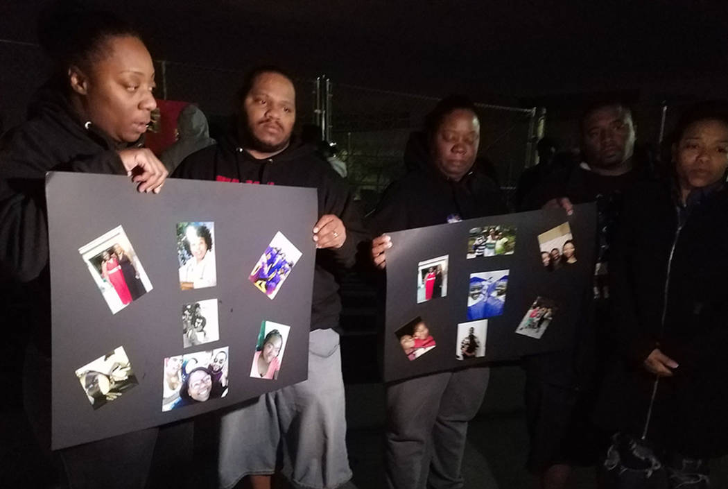 Family and friends gather for a vigil in remembrance of Carrie Williams-Smith and Jazzy Smith outside Sunrise Mountain High School in Las Vegas. (Mike Shoro/Las Vegas Review-Journal)