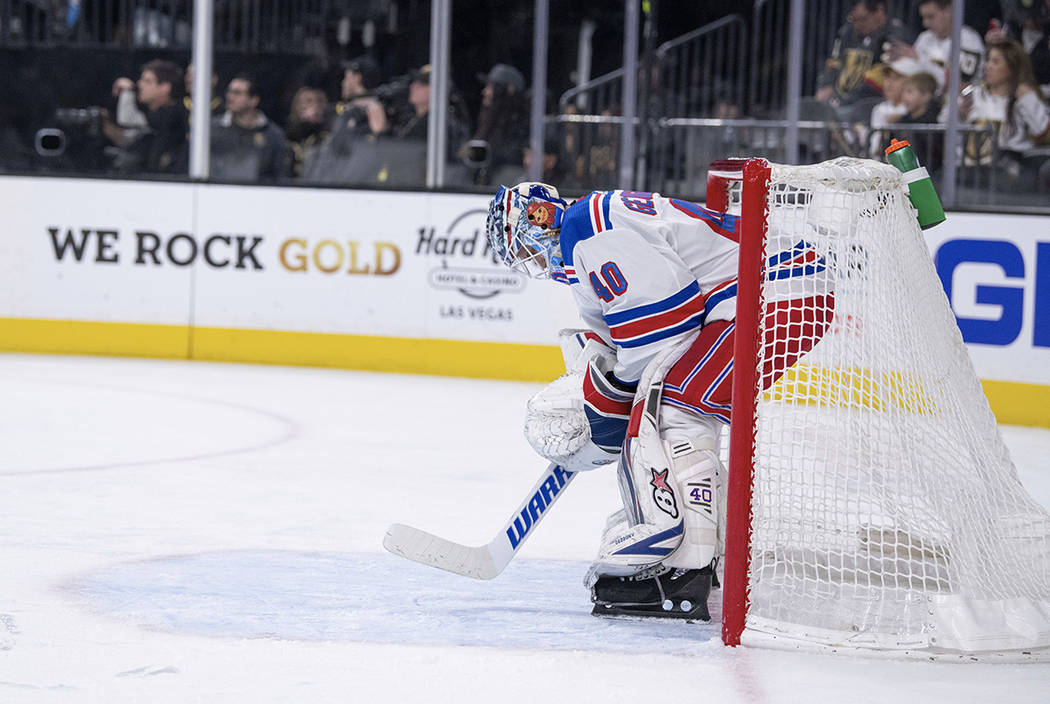 New York Rangers defenseman goalie Alexandar Georgiev reacts during the second period of an NHL hockey game against Vegas Golden Knights Tuesday, Jan. 8, 2019, in Las Vegas. The Knights defeated t ...