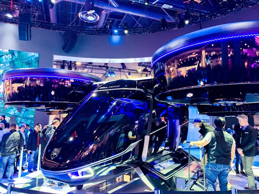 Bell's "Bell Nexus" air taxi concept vehicle on display at CES, Jan. 8, 2019. Uber plans to use the vehicles in its uberAIR initiative slated to kick off in the testing phase in 2020 and commercia ...