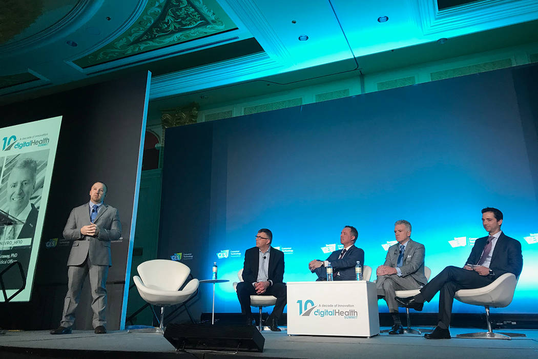 Steven Falowski of the North American Neuromodulation Society moderates a panel on neuromodulation at CES on Tuesday, January 8, 2019. To his left, from left-to-right, are Ryan Lakin of Abbott, Ma ...