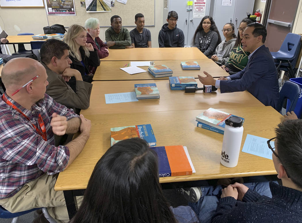 Former Obama housing chief Julian Castro meets with students at Rancho High School in Las Vegas on Tuesday, Jan. 8, 2019. Castro has met with Nevada Democrats and leaders of the Latino community i ...