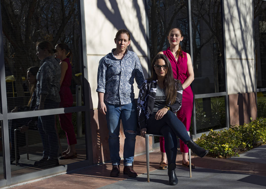 The employees of the start-up Lora DiCarlo, from left: Lola Vars, technical director, Lora Haddock, founder and CEO, and Sarah Brown, director of marketing, outside the Hughes Center offices in La ...