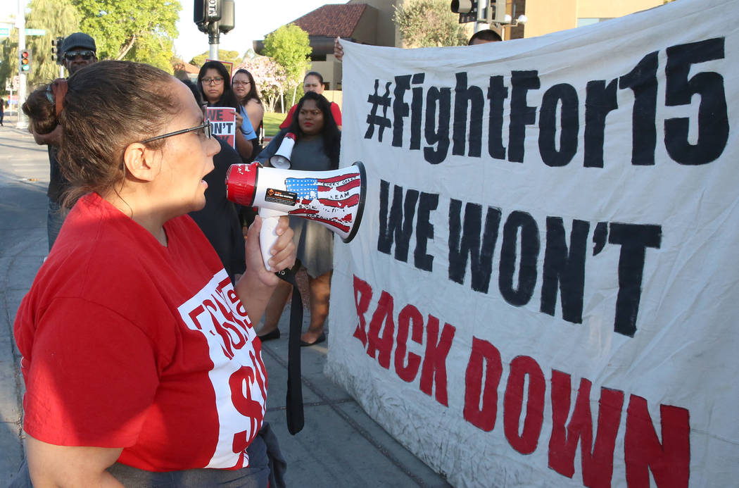 Diana Diaz, McDonald's franchise employee fighting for a higher minimum wage, protests outside of a McDonald's on 2650 W. Sahara Ave., on Wednesday, May 24, 2017, in Las Vegas. Bizuayehu Tesfaye L ...