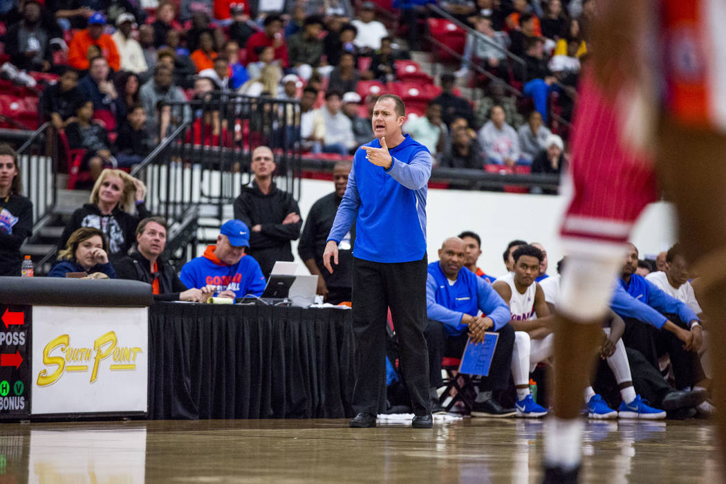 Bishop Gorman coach Grant Rice reacts to a play during the Big City Showdown at South Point in Las Vegas on Saturday, Jan. 20, 2018. Findlay Prep won 75-68. Patrick Connolly Las Vegas Review-Jour ...