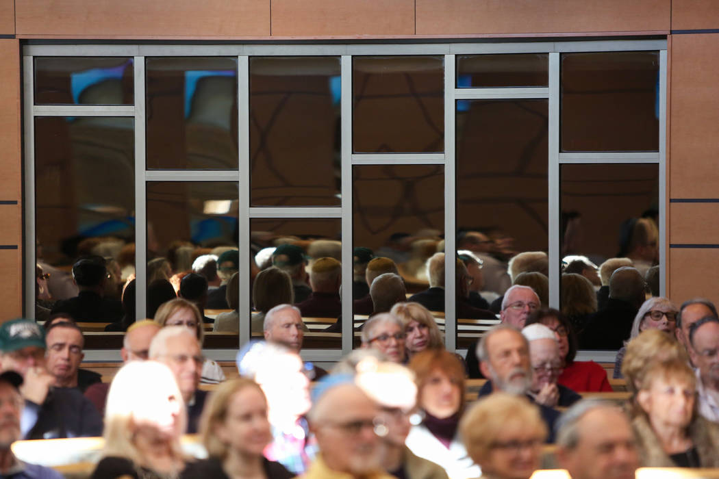 Audience members listen as Celina Karp Biniaz, Holocaust Survivor of Schindler's List, presents her story "Courage" at Temple Sinai in Las Vegas, Sunday, Jan. 13, 2019. Caroline Brehman/ ...