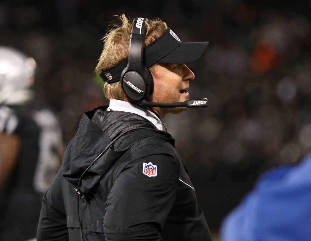 Oakland Raiders head coach Jon Gruden on the sideline during the first half of an NFL game against the Denver Broncos in Oakland, Calif., Monday, Dec. 24, 2018. Heidi Fang Las Vegas Review-Journal ...