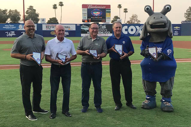 Ceremony from August 10, 2018, at Cashman Field. Left to right: Chuck Johnson (Aviators GM), Larry Koentopp, Rossi Ralenkotter, Don Logan (Aviators President/COO). Photo by Steve Spatafore