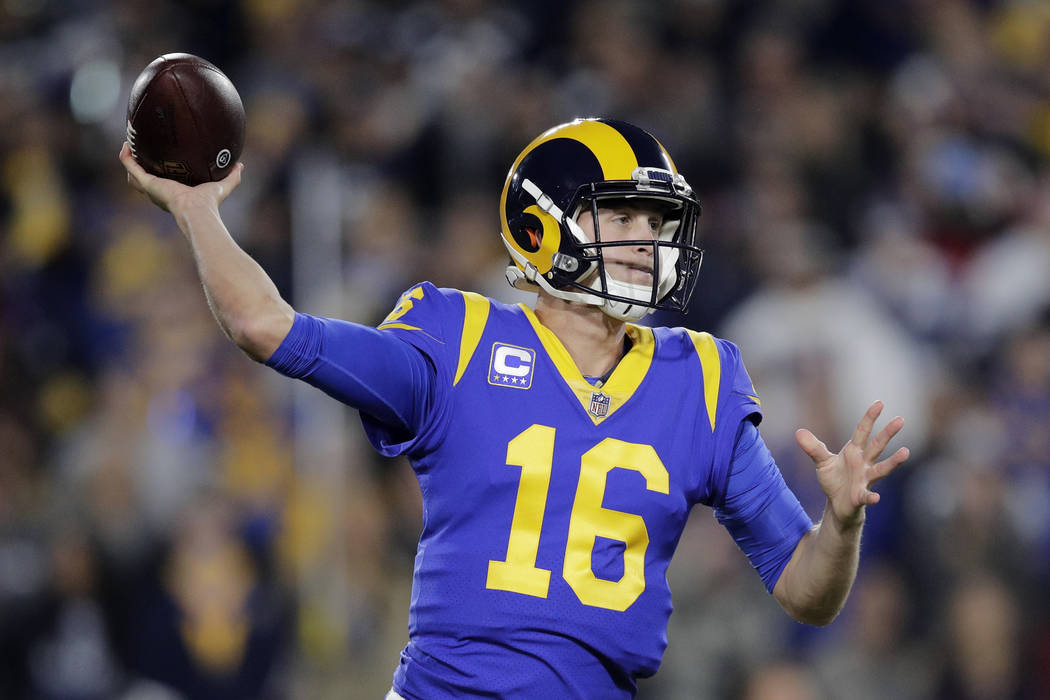 Los Angeles Rams quarterback Jared Goff passes against the Dallas Cowboys during the first half in an NFL divisional football playoff game Saturday, Jan. 12, 2019, in Los Angeles. (AP Photo/Jae C. ...