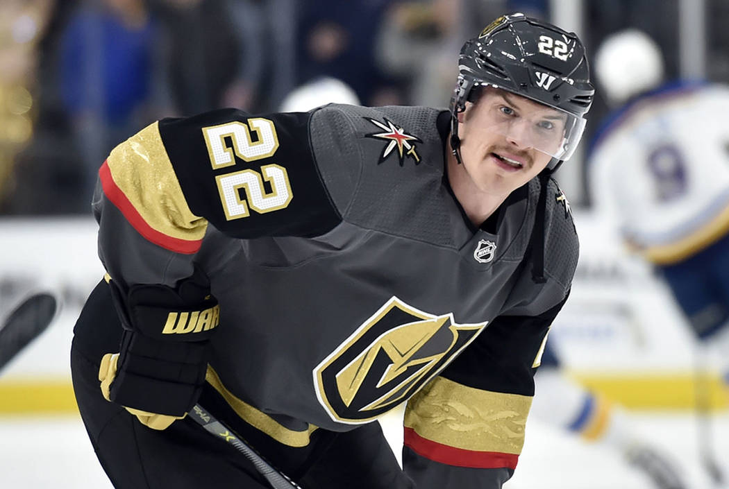 Vegas Golden Knights defenseman Nick Holden warms up before an NHL hockey game against the St. Louis Blues Friday, Nov. 16, 2018, in Las Vegas. (AP Photo/David Becker)
