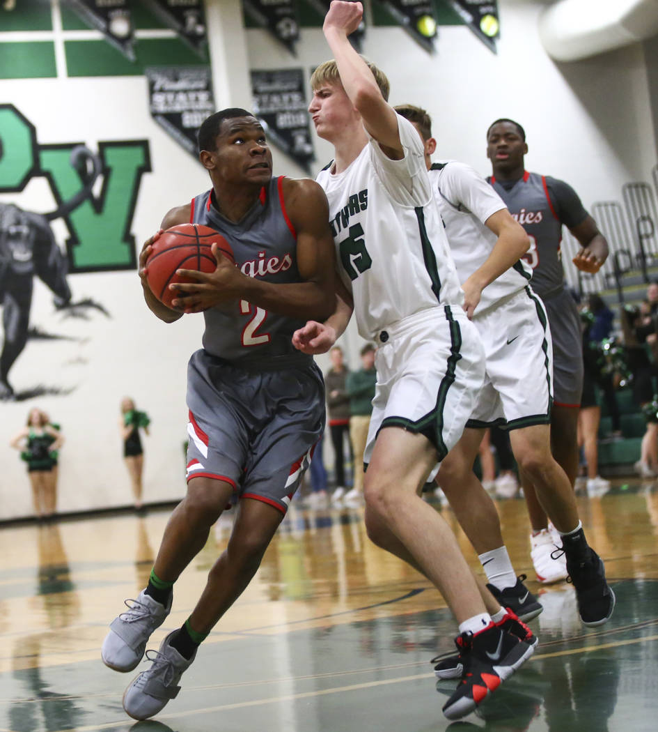 Arbor View's Favour Chukwukelu (2) drives to the basket against Palo Verde's Harlan Nichols (45) during a basketball game at Palo Verde High School in Las Vegas on Thursday, Jan. 17, 2019. Chase S ...