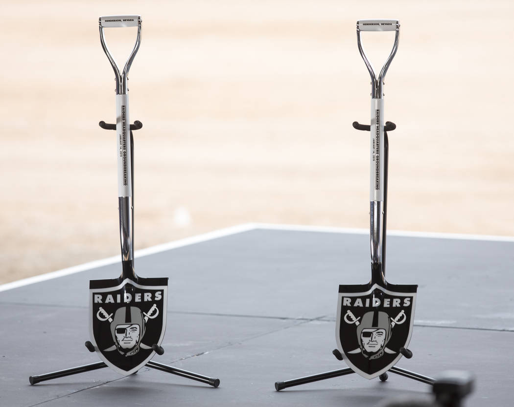Ceremonial shovels rest on stage before a groundbreaking ceremony for the new Raiders Headquarters in Henderson on Monday, Jan. 14, 2019. Richard Brian Las Vegas Review-Journal @vegasphotograph
