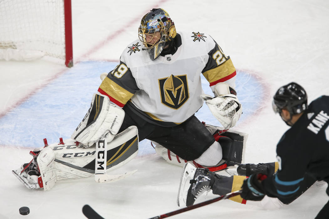 Vegas Golden Knights goaltender Marc-Andre Fleury (29) blocks a shot by San Jose Sharks left wing Evander Kane (9) during the second period of an NHL hockey game at T-Mobile Arena in Las Vegas on ...