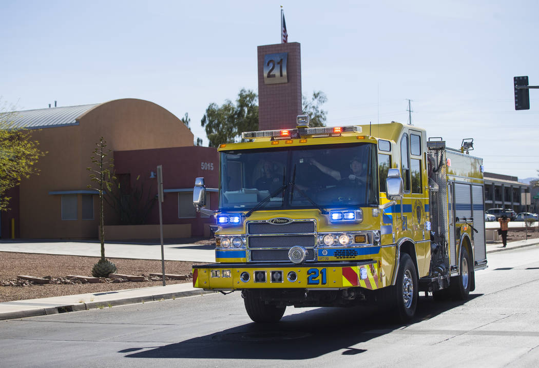 Clark County firefighters head out to a call from Fire Station 21 at 5015 W. Oquendo Road in Las Vegas on Tuesday, May 2, 2017. Chase Stevens Las Vegas Review-Journal @csstevensphoto