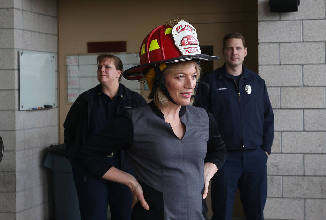 Owner of Walker Furniture Linda Laterwitz-Mizrahi at Fire Station 22 in Las Vegas, Wednesday, Jan. 16, 2019. Walker Furniture delivered new mattresses to all 30 Clark County firehouses in the Las ...