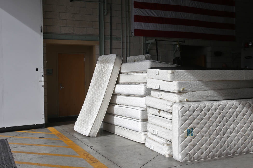 The old mattresses to be thrown out at Fire Station 22 in Las Vegas, Wednesday, Jan. 16, 2019. Walker Furniture delivered new mattresses to all 30 Clark County firehouses in the Las Vegas Valley a ...